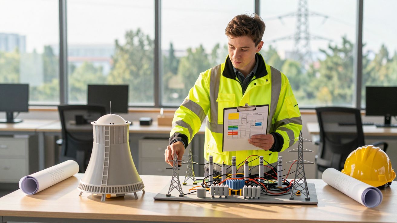Un inginer examinează un model de centrală electrică într-un birou, purtând o geacă reflectorizantă.