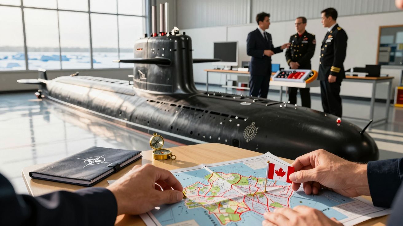 Persoane discutând lângă un submarin într-un hangar, cu hărți și un steag canadian pe o masă în prim-plan.