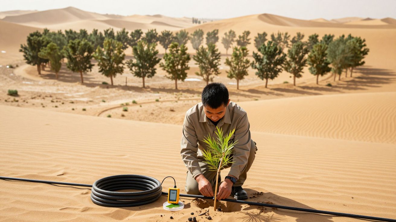 Bărbat plantând un puiet în deșert, cu sistem de irigare și copaci în fundal.