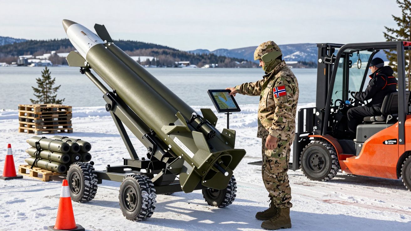 Soldat în uniformă de camuflaj operează echipament militar pe zăpadă, lângă un stivuitor și un lac înghețat.