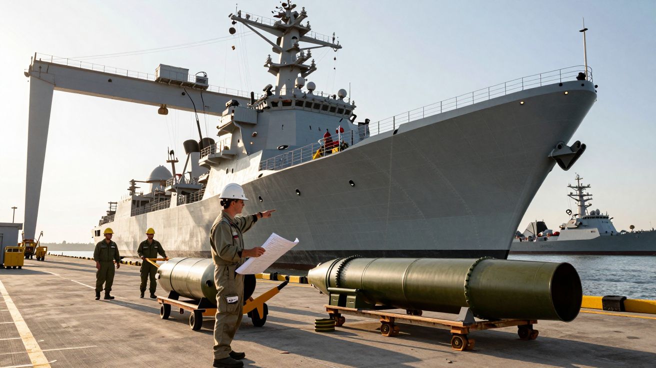 Un vas militar ancorat în port, alături de personal care inspectează torpile poziționate pe chei.