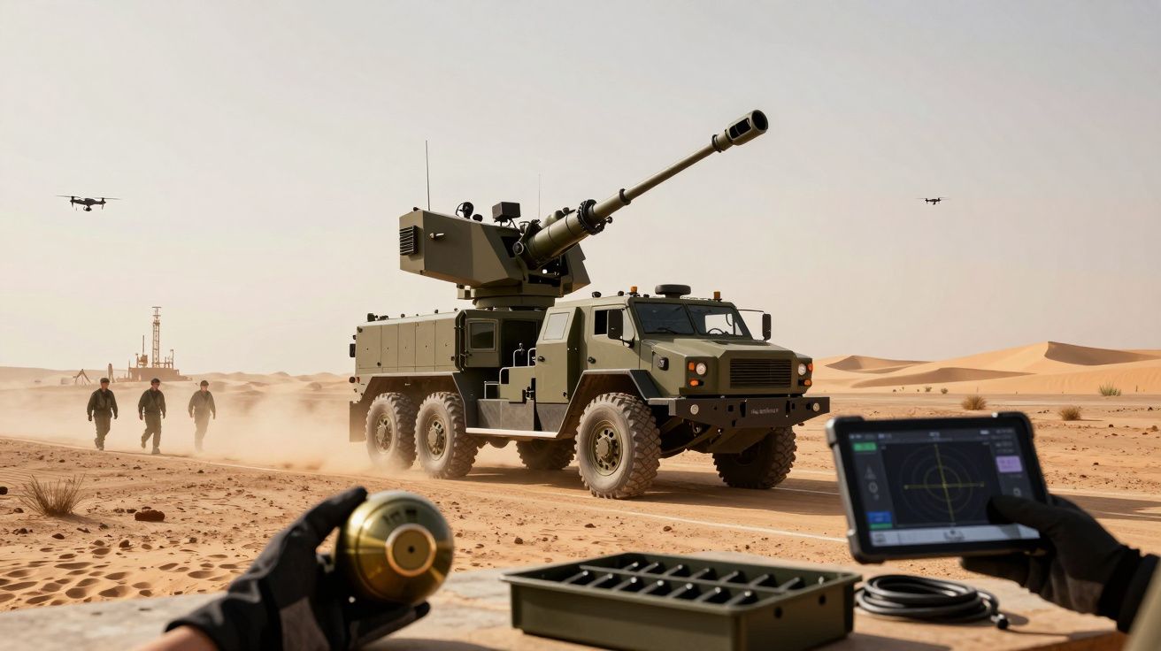 Vehicul militar în deșert, soldați în spate, drone în aer, mână cu tabletă și dispozitiv de muniție în prim-plan.