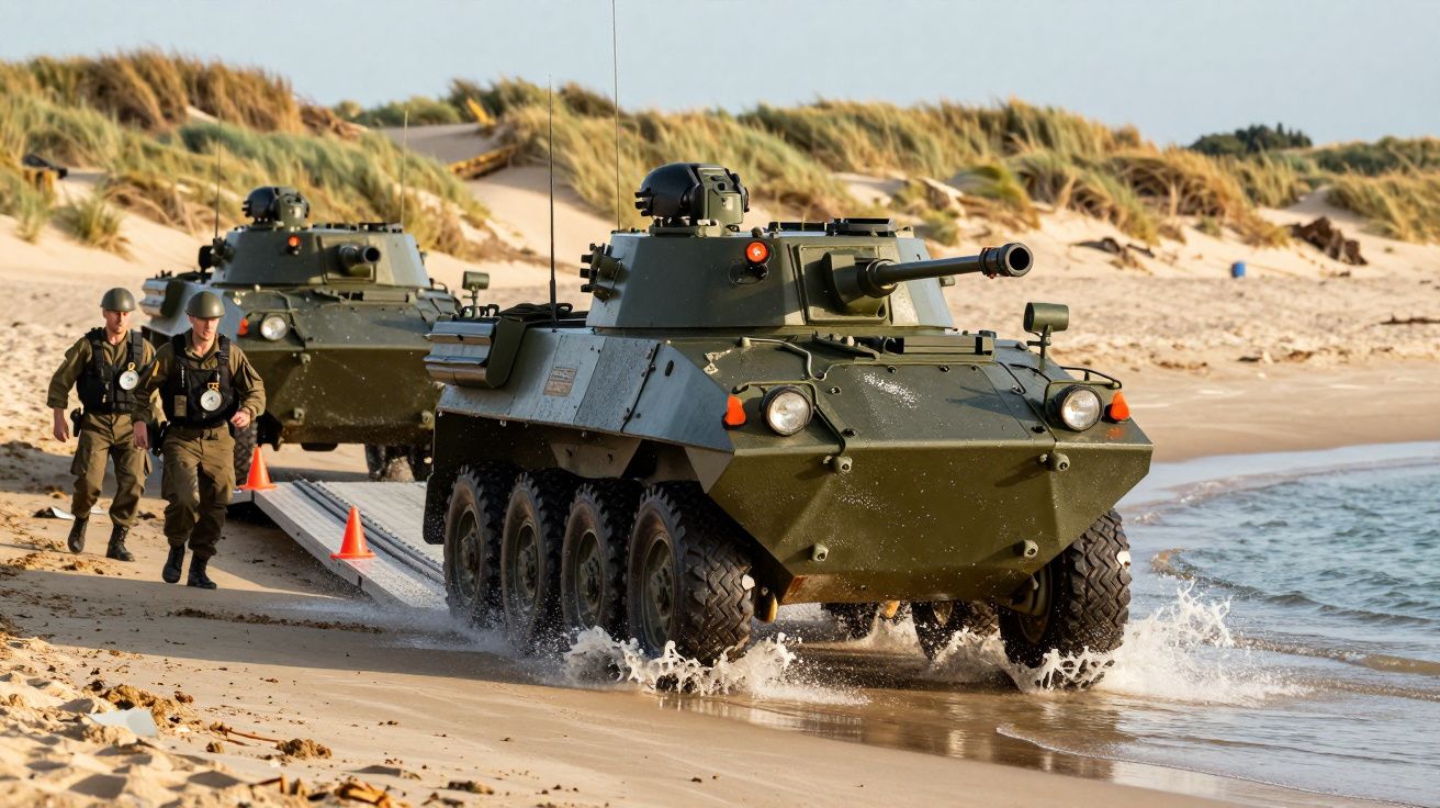 Vehicule militare blindate și soldați pe o plajă nisipoasă în timpul unui exercițiu de aterizare.