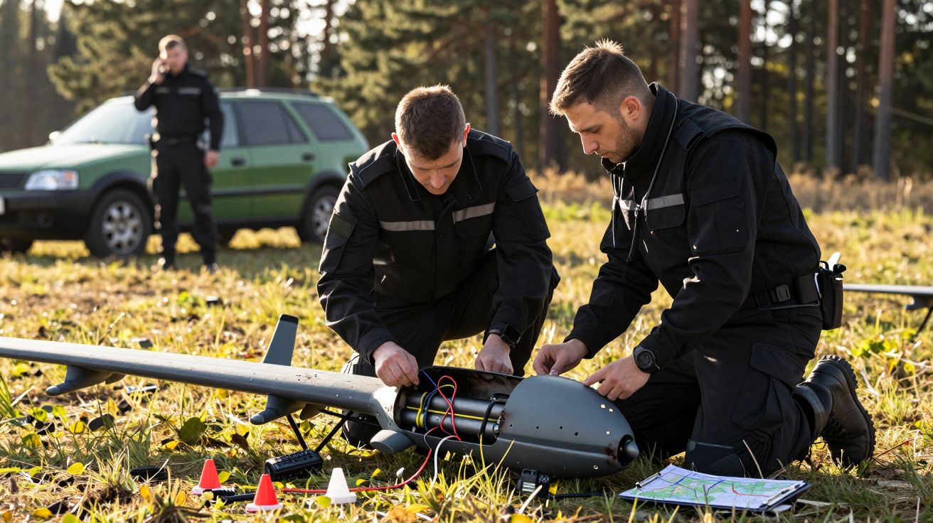 Doi bărbați în uniformă pregătesc o dronă pe un câmp, cu o mașină verde și pădure în fundal.