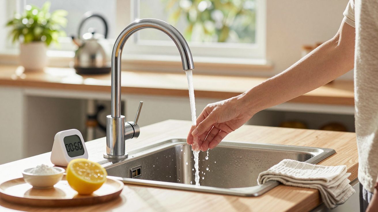 Persoană testează temperatura apei la robinet, lângă un contor de timp și o farfurie cu lămâie pe blatul de bucătărie.