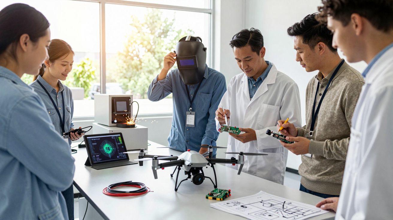 Cercetători în laborator testând un dronă și circuite electronice, cu echipament și diagrame pe masă.