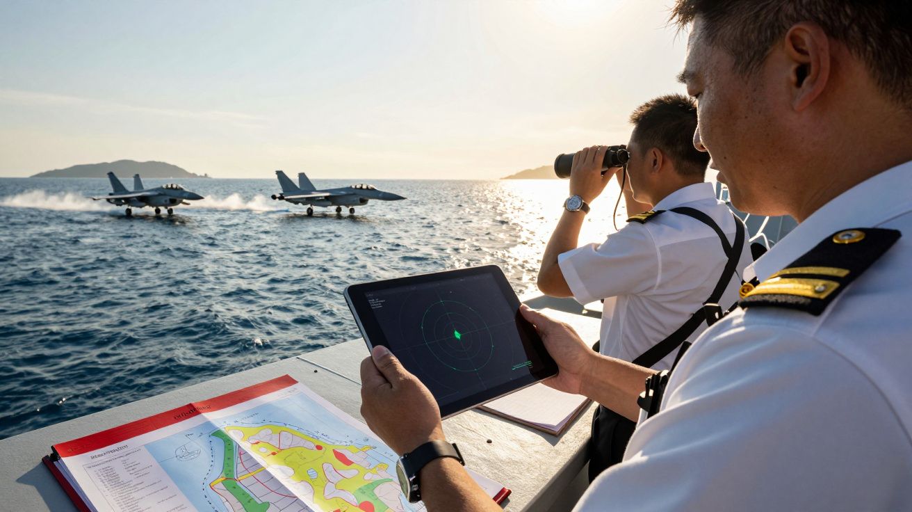 Ofițeri de marină monitorizând avioane de luptă de pe un vas, folosind o tabletă și binoclu, pe fundalul mării.