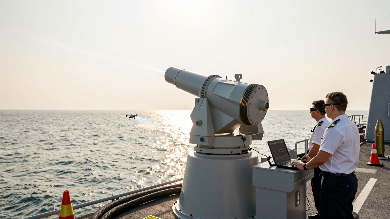 Ofițeri navali operând echipament pe o navă, cu un drone zburând deasupra mării, în lumina apusului.
