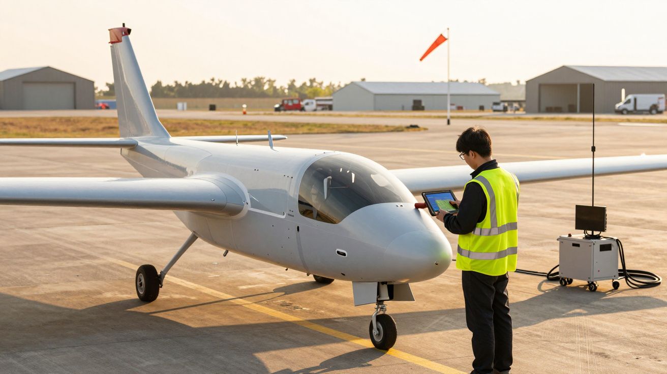 Un bărbat cu vestă reflectorizantă verifică un avion mic pe o pistă, lângă un hangar.