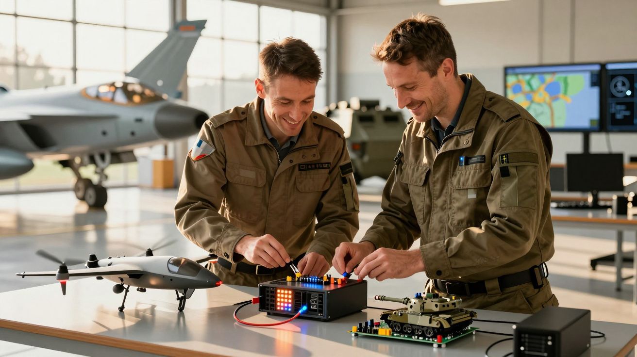 Doi bărbați în uniforme militare lucrează cu echipamente electronice la o masă, într-un hangar cu avioane și drone.