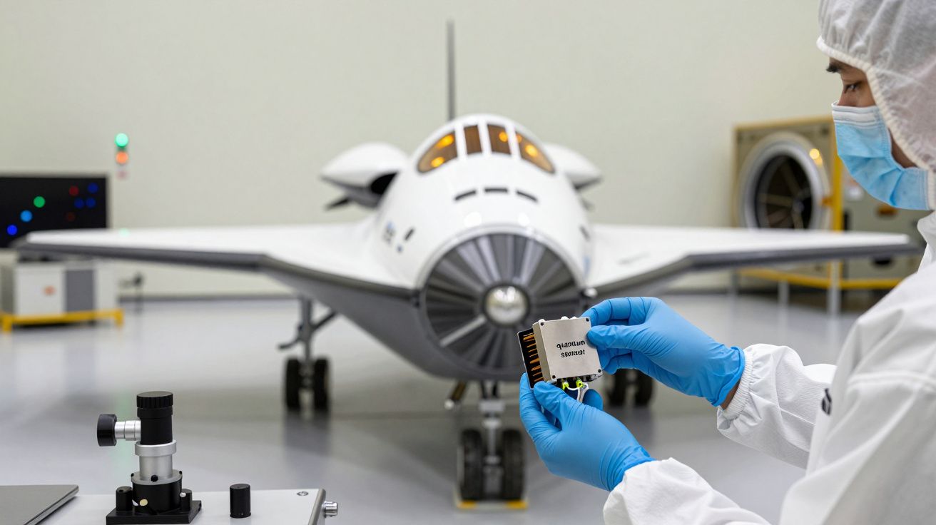 Cercetător în echipament de laborator ținând microcip, cu avion spațial în fundal.