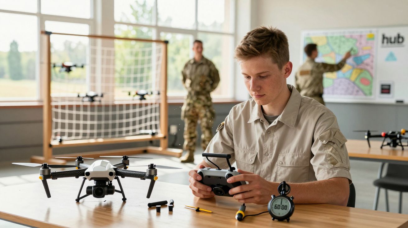 Tânăr controlând o dronă la masă, într-o sală de clasă, cu două persoane în fundal, una lângă o tablă.