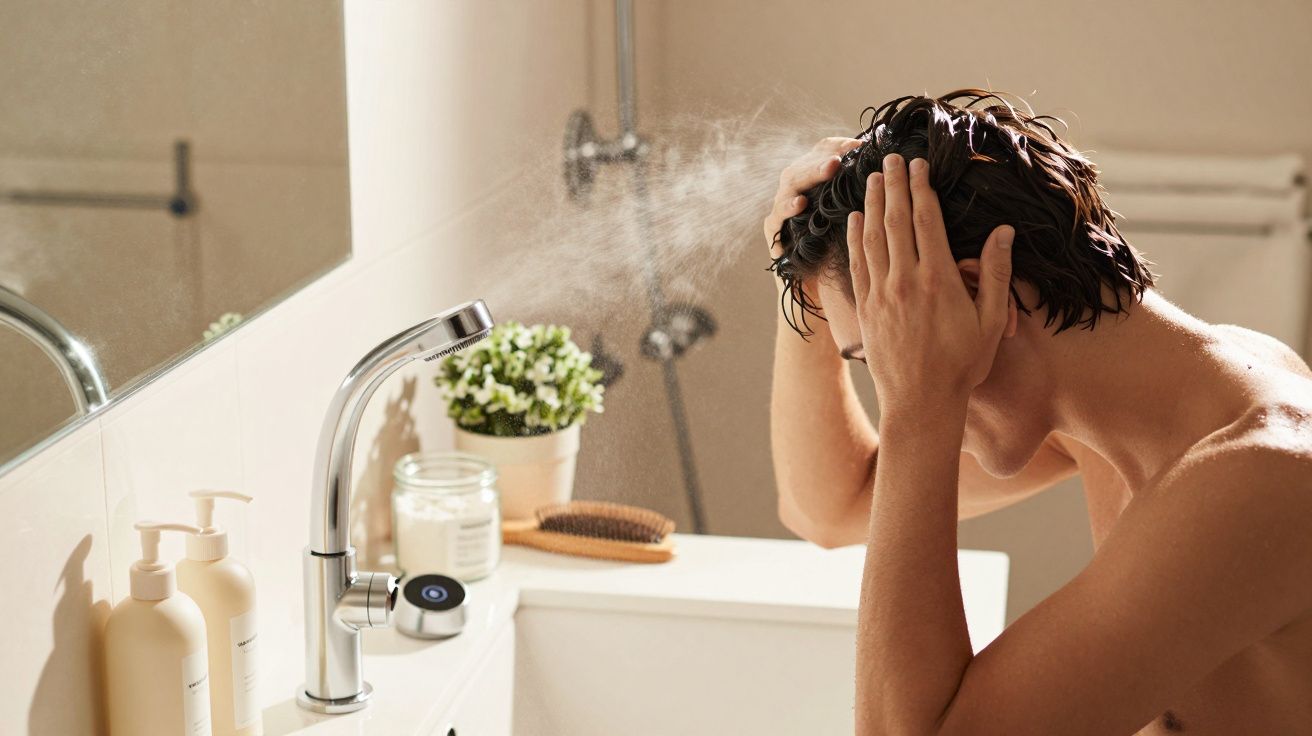 Persoană spălându-și părul la chiuvetă, cu sticluțe de șampon și perie pe margine, într-o baie bine iluminată.