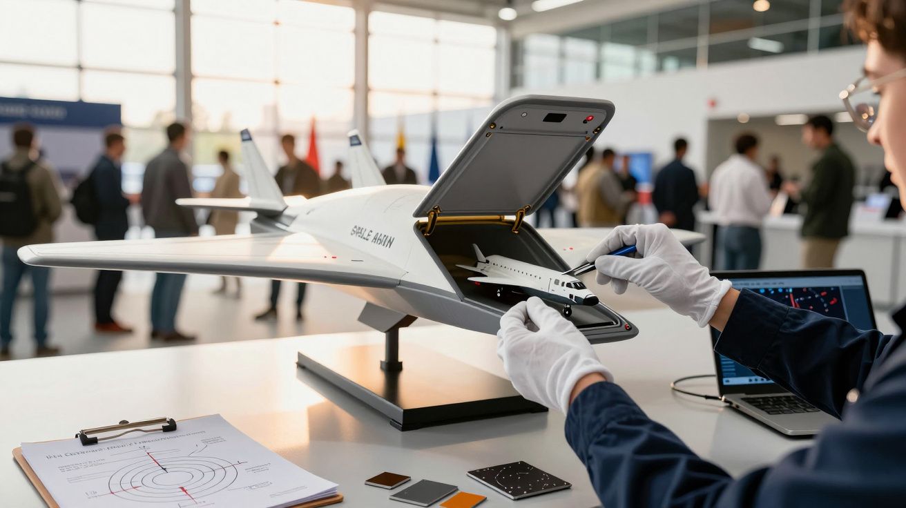 Persoană examinează model de avion dronă pe masă, cu diapozitive și diagrama, într-o expoziție interioară.