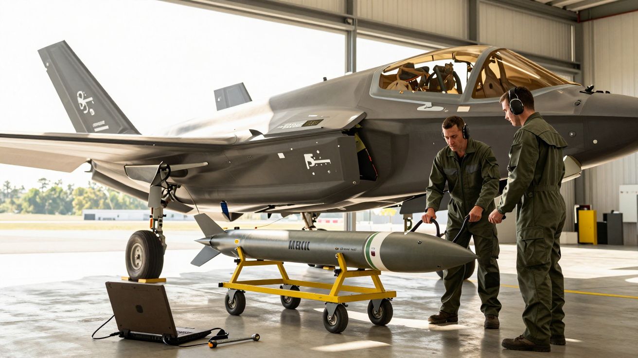 Doi tehnicieni pregătesc o rachetă lângă un avion de vânătoare într-un hangar.