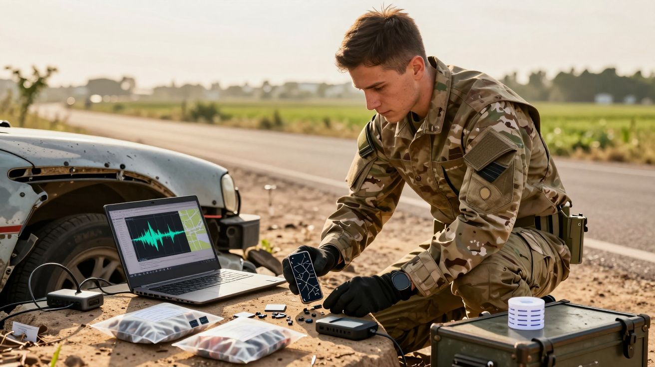 Un soldat în uniformă camuflată analizează echipamente pe un drum, lângă o mașină avariată și un laptop deschis.