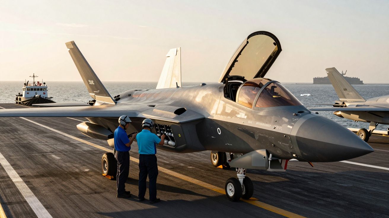 Avion de luptă pe un portavion, cu doi tehnicieni verificându-l sub un cer senin.