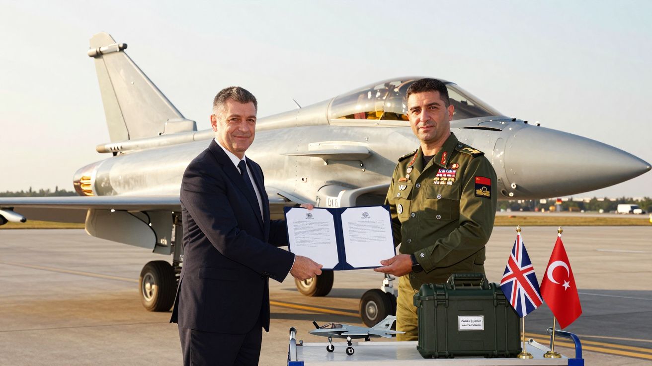 Doi bărbați în fața unui avion de luptă, strângând mâna și ținând un document. Steaguri britanic și turc pe masă.