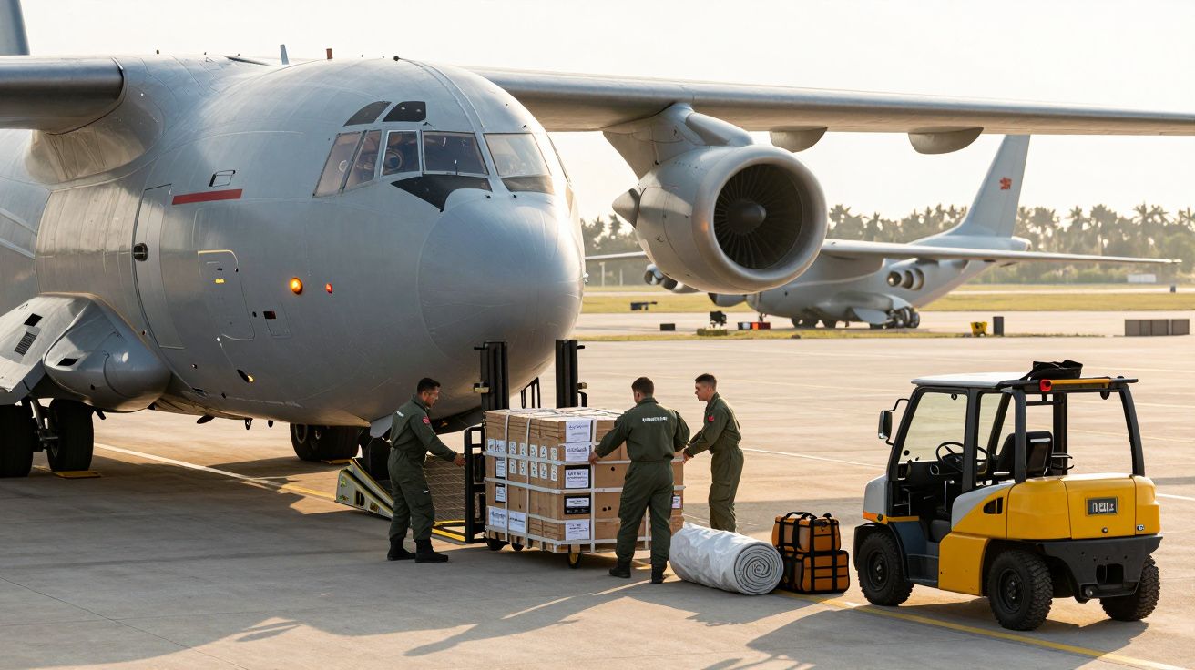 Avion militar la sol cu personal încărcând provizii, lângă un motostivuitor galben pe o pistă de aeroport.