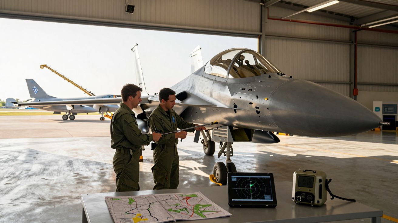 Doi piloți inspectează un avion de luptă într-un hangar; birou cu laptop și hărți în prim-plan.