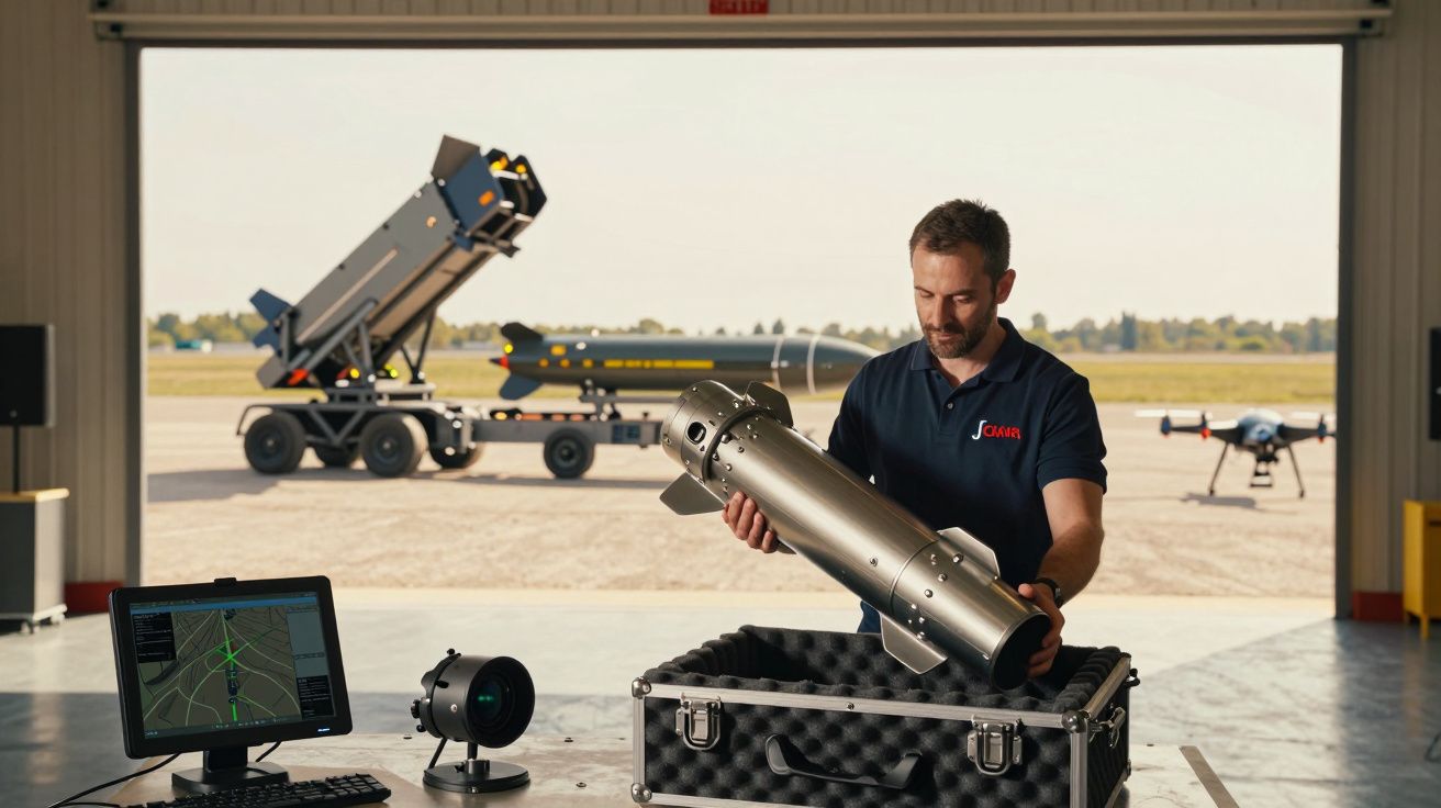 Bărbat manipulând un obiect metalic într-un hangar, cu drone și echipament tehnic pe fundal.