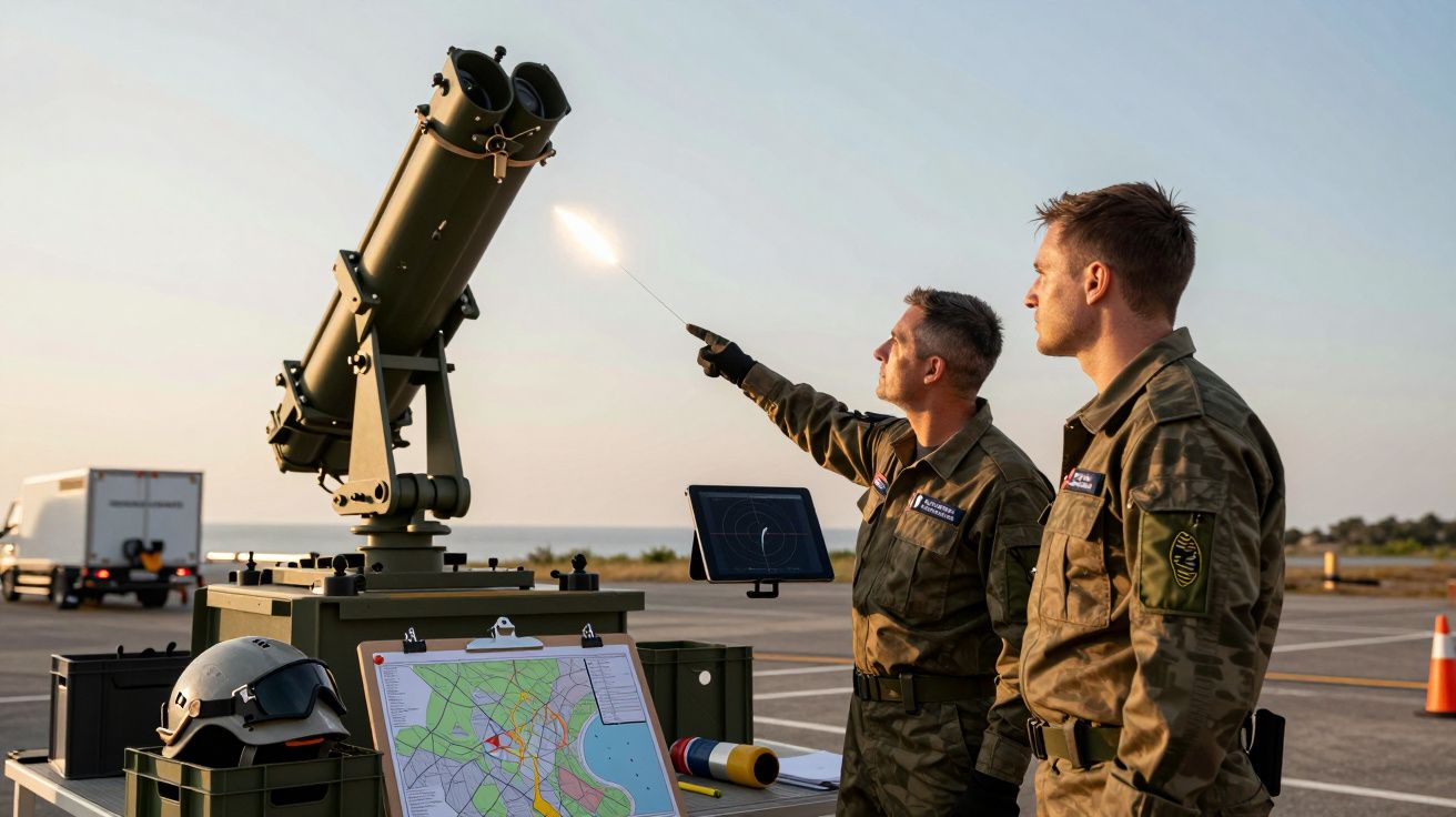 Doi soldați discută lângă un echipament militar cu hartă și cască în prim-plan, pe un teren deschis.