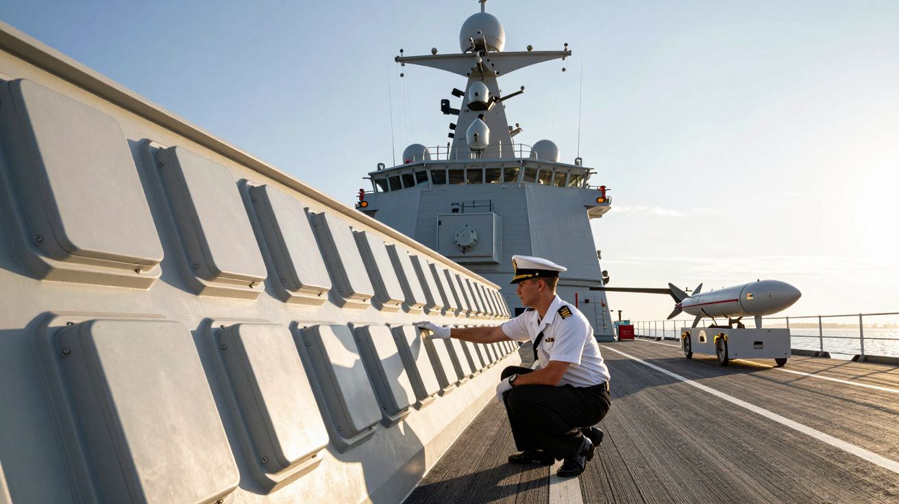 Ofițer naval inspectând structura unei nave militare, cu un radar și un vehicul cu rachetă în fundal.