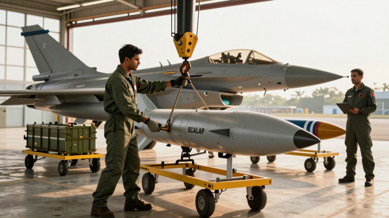 Doi tehnicieni militari manevrând o rachetă în fața a două avioane de luptă într-un hangar.