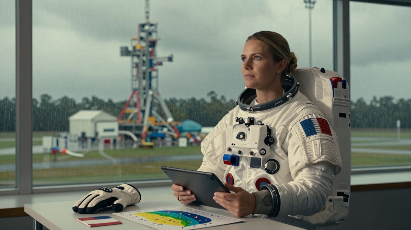 Astronaut în costum spațial stând la o masă, privind spre racheta din fundal.