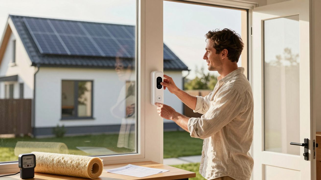 Bărbat montează un termostat inteligent pe perete lângă o fereastră, cu o casă și panouri solare în fundal.