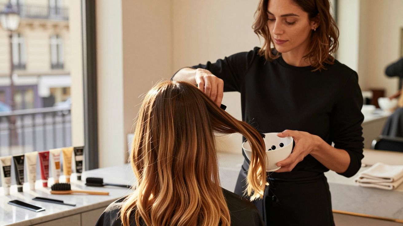 Femeie coafează părul unei cliente într-un salon modern, folosind produse de îngrijire a părului și un bol.