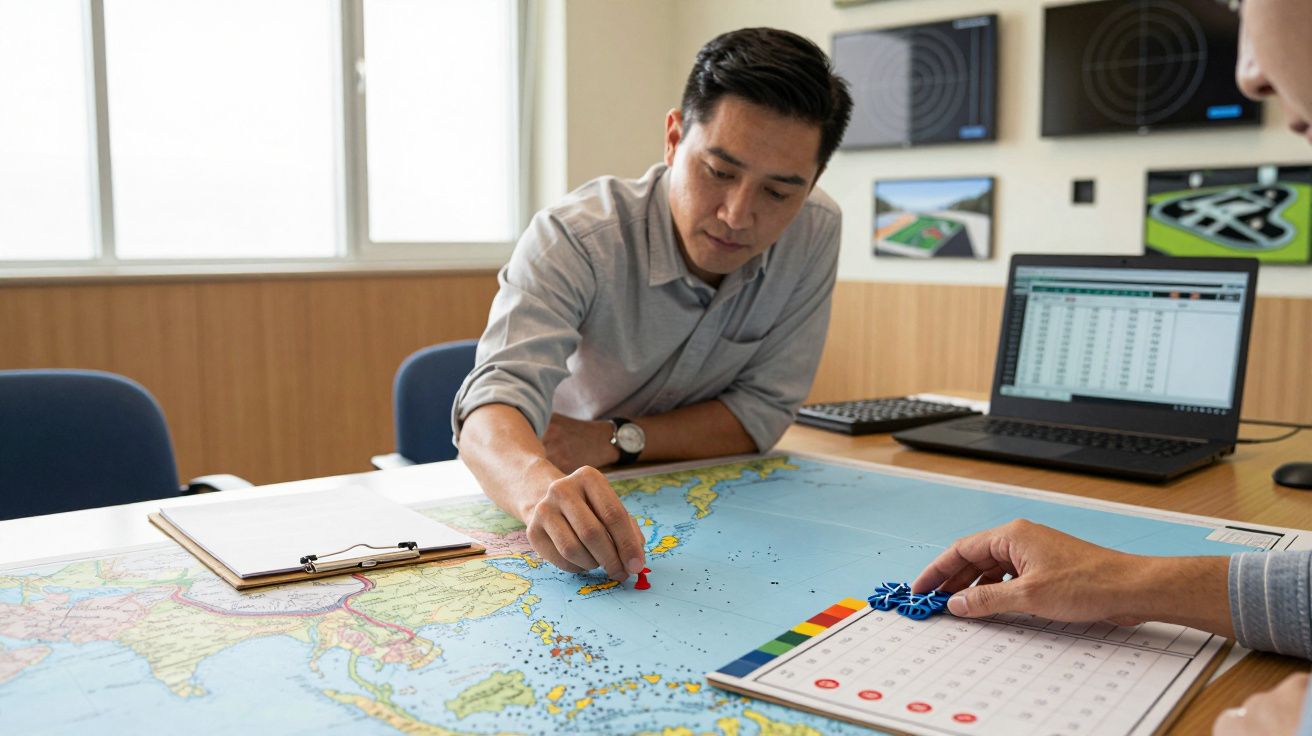 Bărbat discutând strategii pe o hartă cu un coleg, laptop și planificator în fundal.