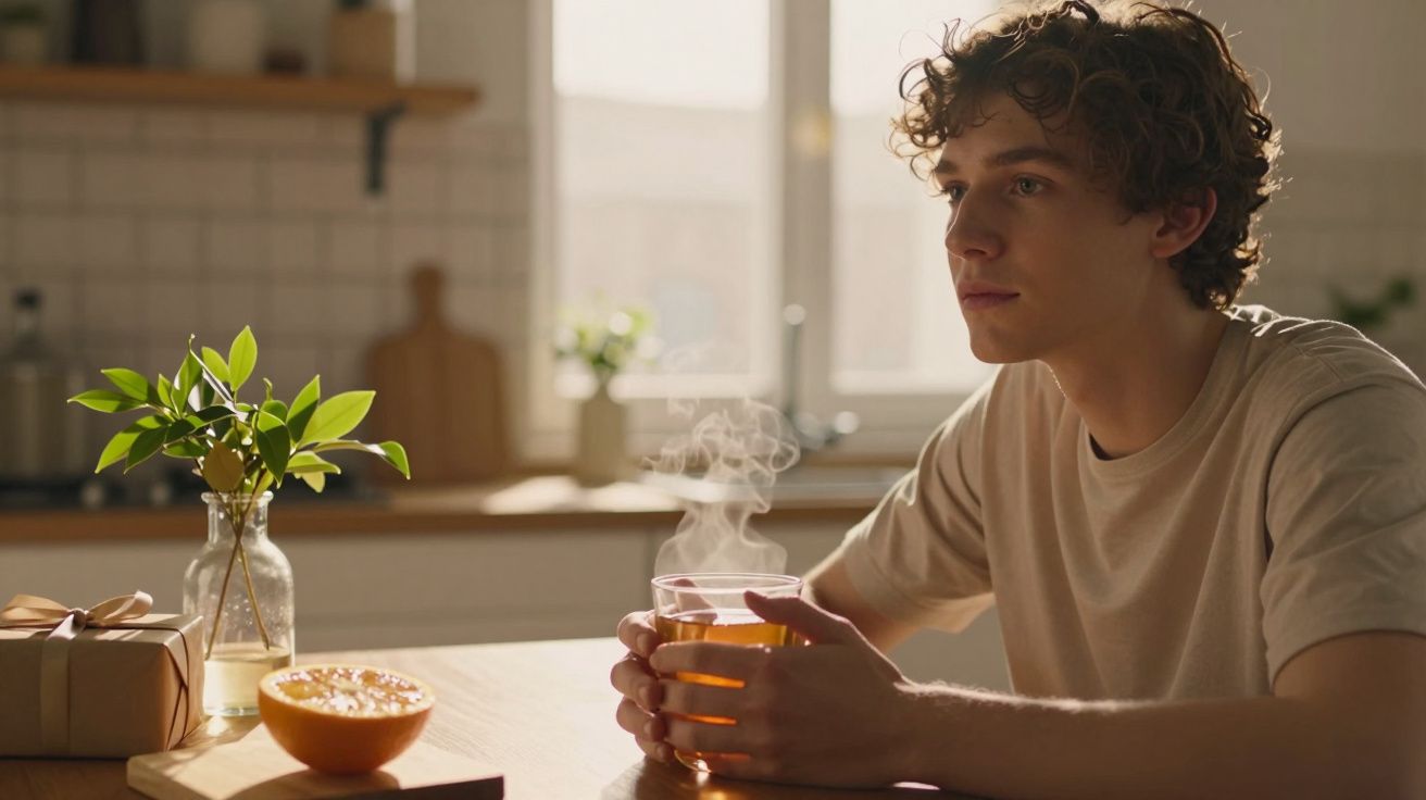 Un tânăr stă la o masă din bucătărie, ținând o cană cu ceai aburind lângă o jumătate de portocală și un cadou.