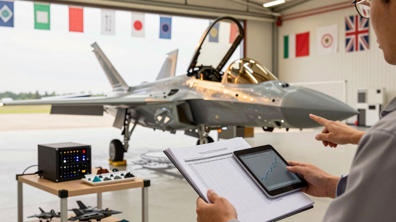 Persoană consultând o tabletă cu un grafic lângă un avion de luptă într-un hangar cu steaguri internaționale în fundal.