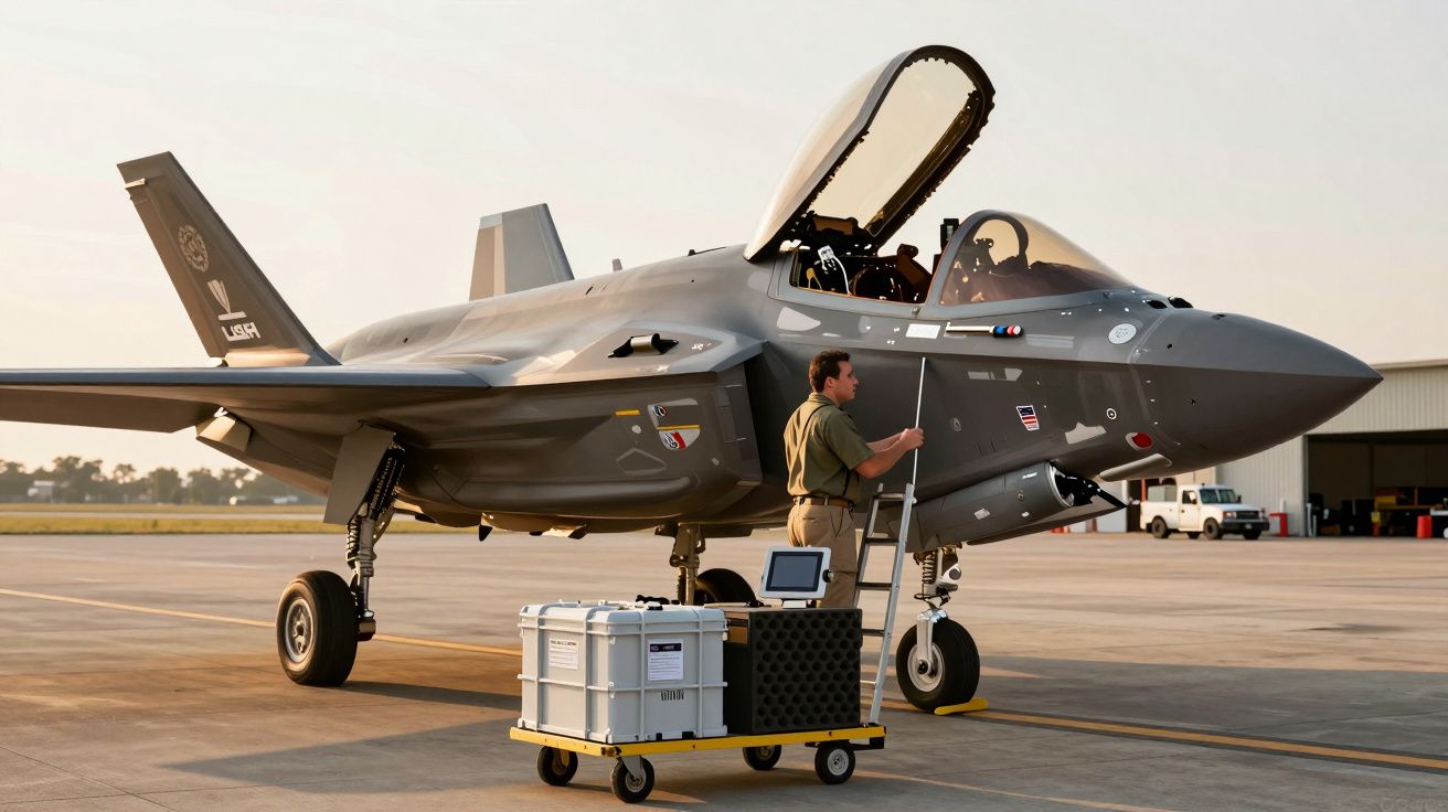 Un tehnician inspectează un avion de vânătoare gri, staționat pe terenul unui aeroport cu hangare în fundal.