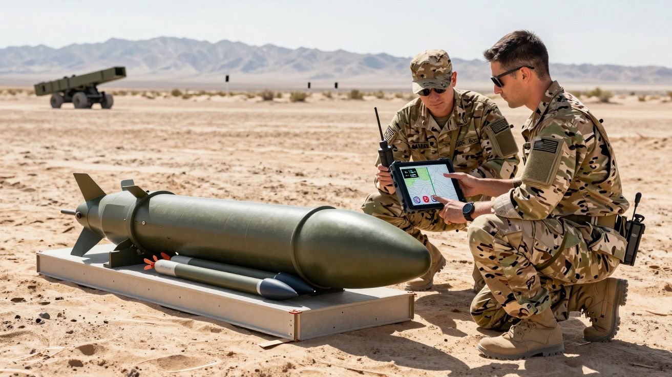 Doi soldați în uniformă verifică un echipament militar pe un teren deșertic, discutând lângă un dispozitiv digital.