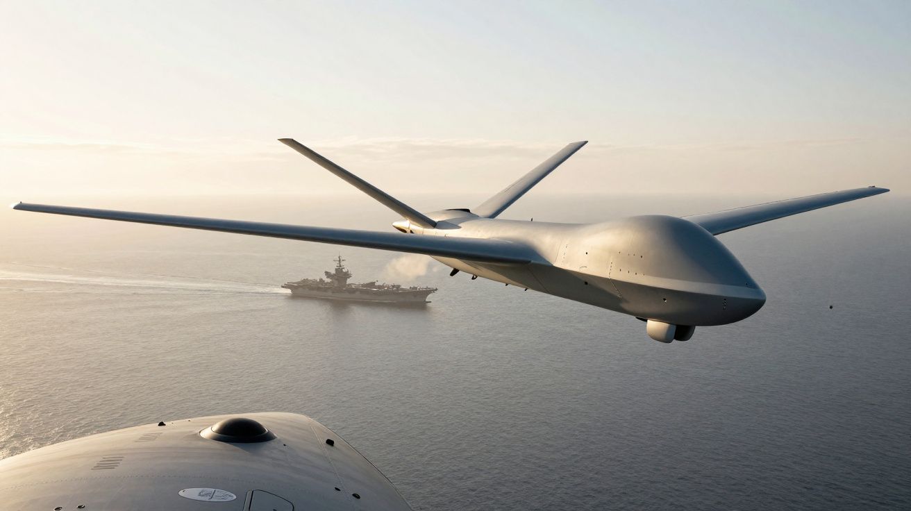 Dronă zburând deasupra mării, cu un portavion vizibil în depărtare.