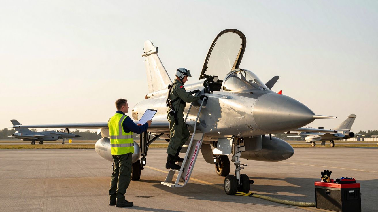 Pilot urcând în carlinga unui avion de vânătoare pe aerodrom, cu un tehnician verificând lista de control.