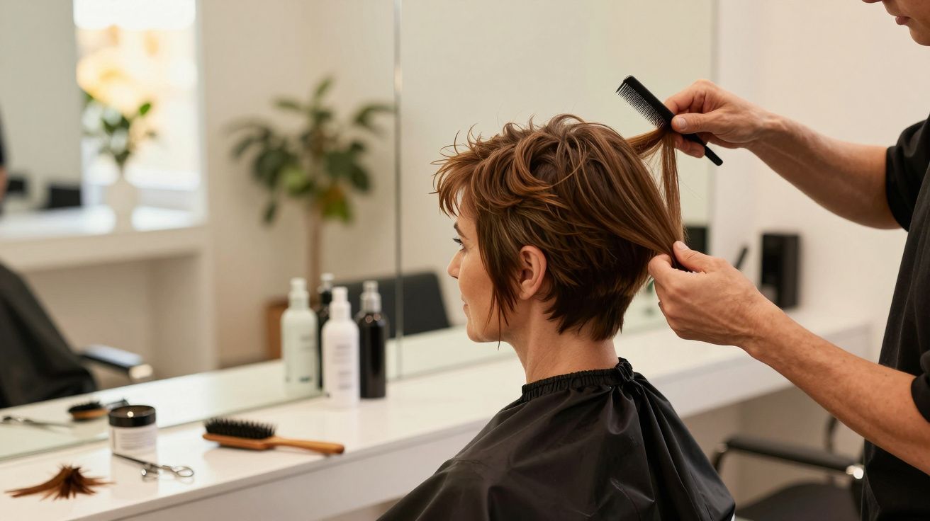 Femeie cu păr scurt este aranjată de un stilist într-un salon de coafură modern, cu oglindă mare.