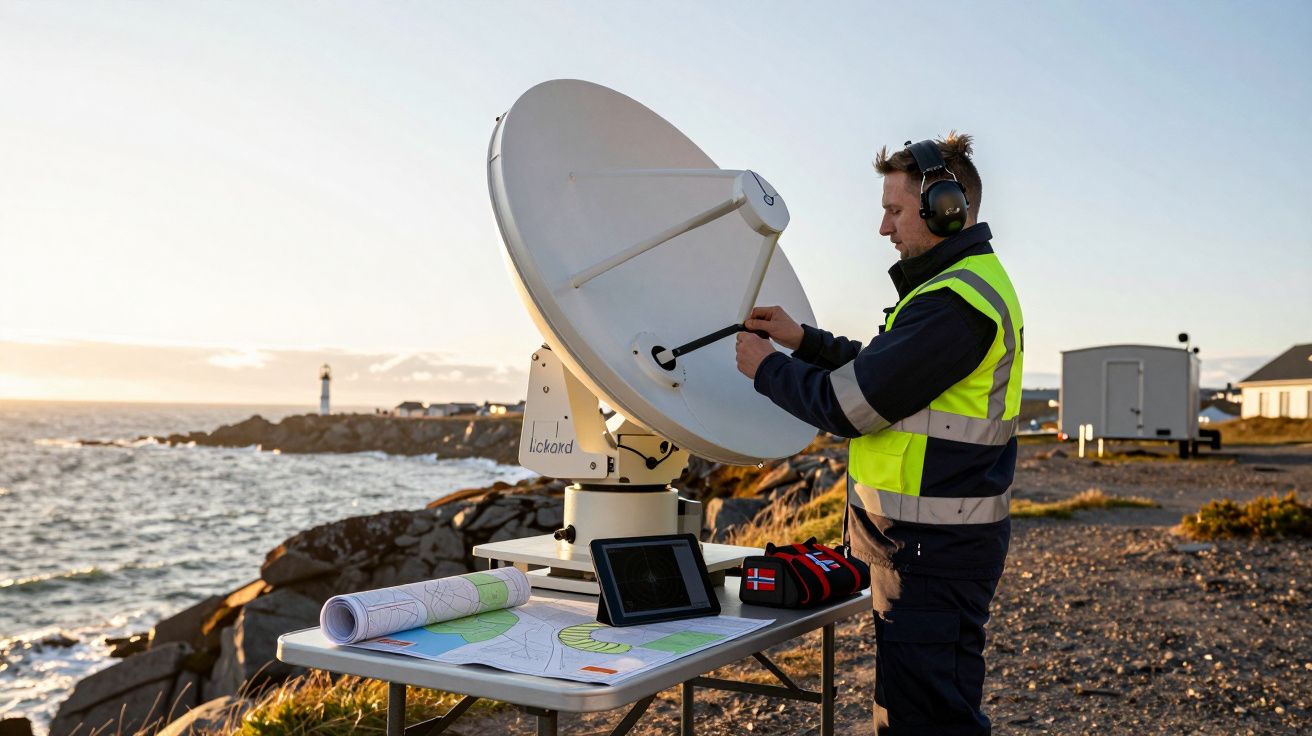 Bărbat cu vesta reflectorizantă reglează o antenă satelit lângă mare, cu un far pe fundal.