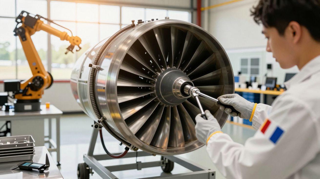 Tehnician inspectând un motor de avion cu o cheie, într-un laborator cu un braț robotic în fundal.