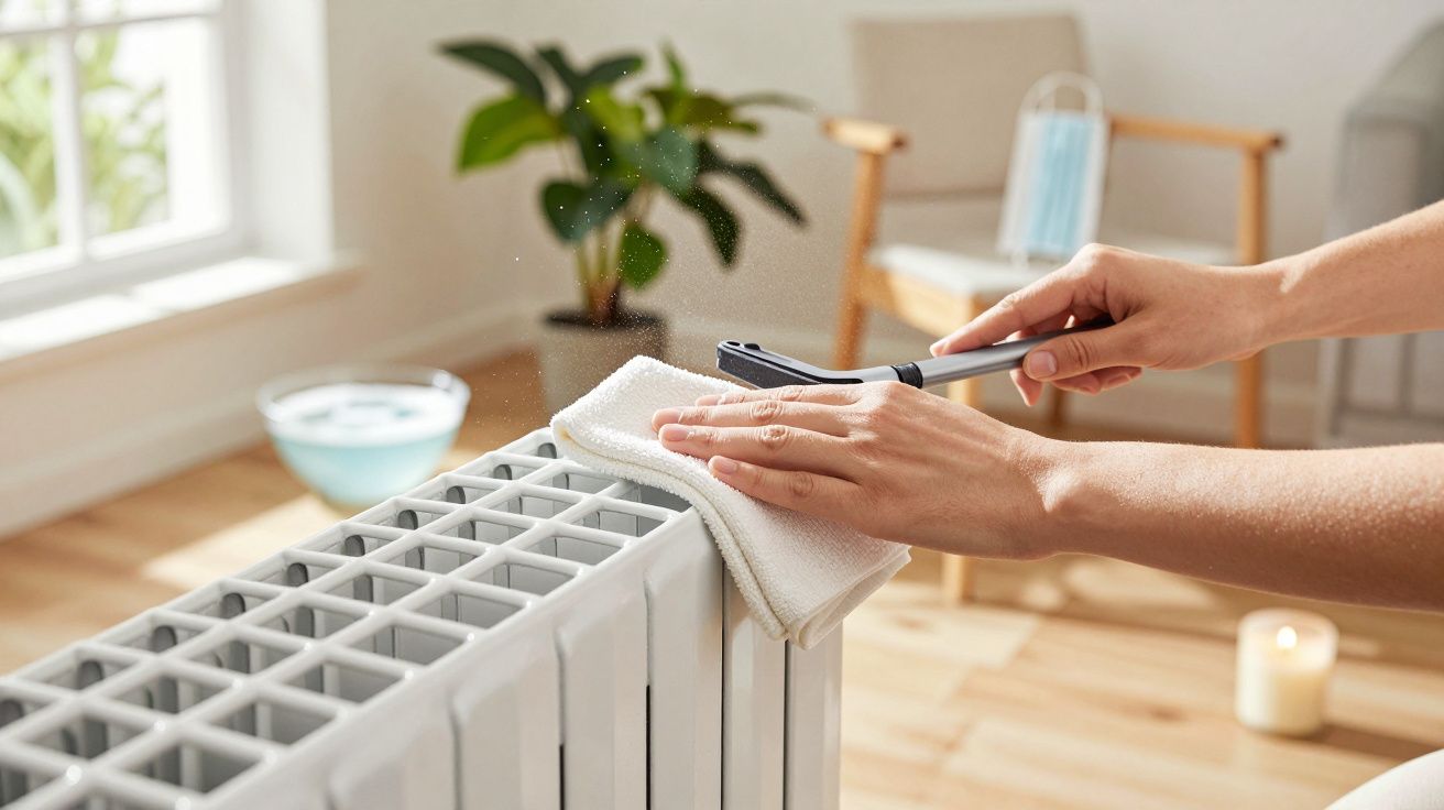 Persoană curăță un radiator alb cu o cârpă, într-o cameră luminoasă, cu plante și lumânare.