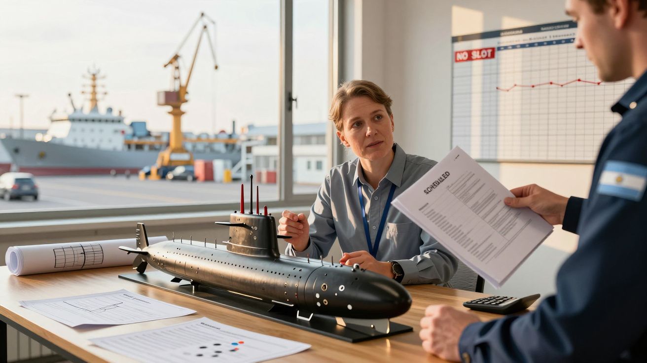 Două persoane discută la birou despre un model de submarin, cu un șantier naval vizibil pe fereastră.