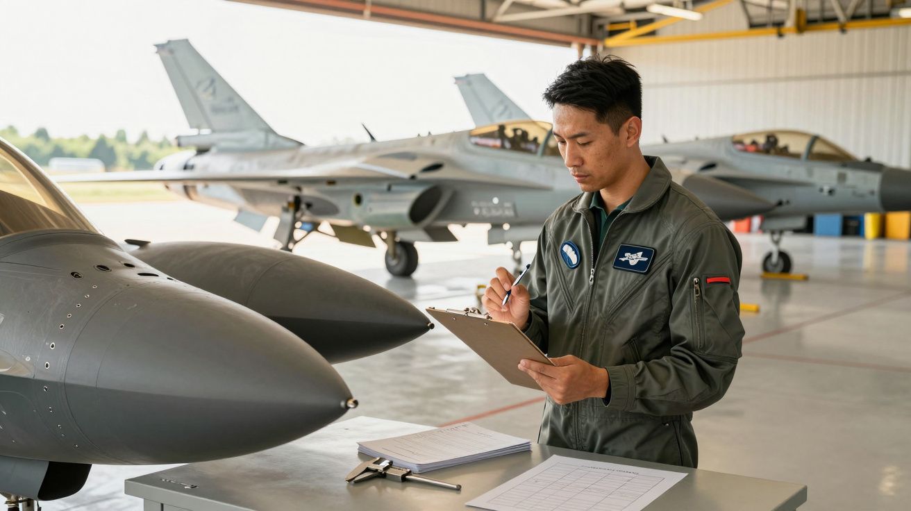 Pilot verificând un clipboard lângă două avioane de luptă într-un hangar.