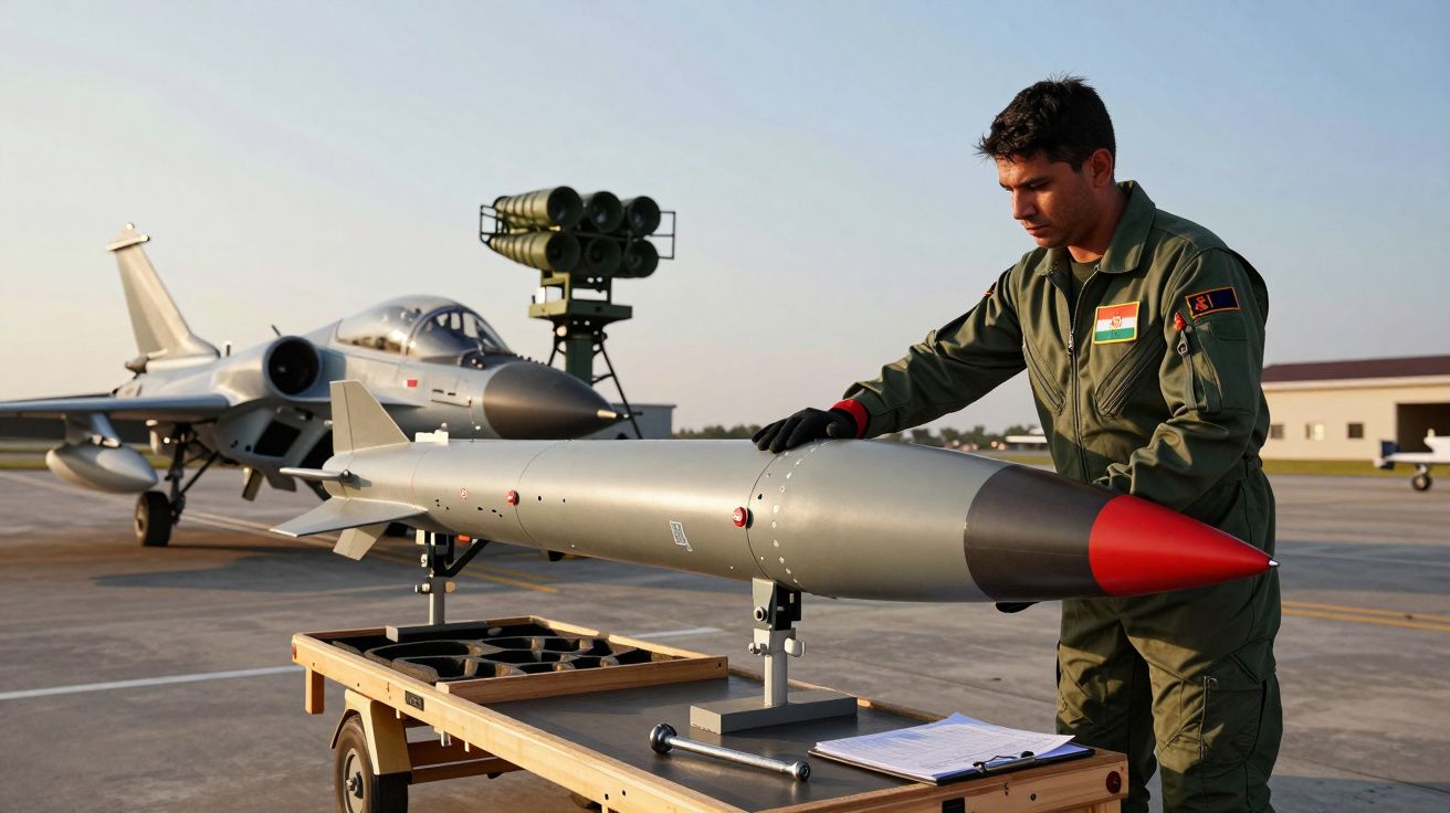 Pilot inspectând o rachetă lângă un avion de vânătoare, pe o pistă de aterizare la apus de soare.