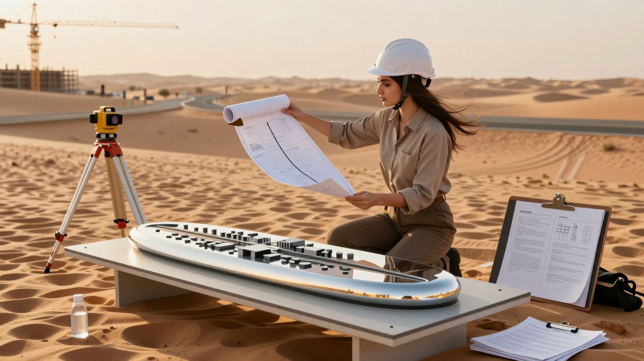 Femeie inginer cu cască examinând planuri de construcție lângă un model de navă în deșert.