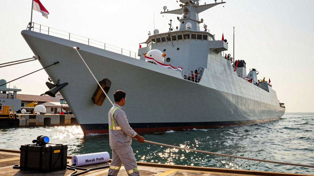 Un muncitor manevrează o frânghie, iar o navă militară mare este acostată lângă un chei.