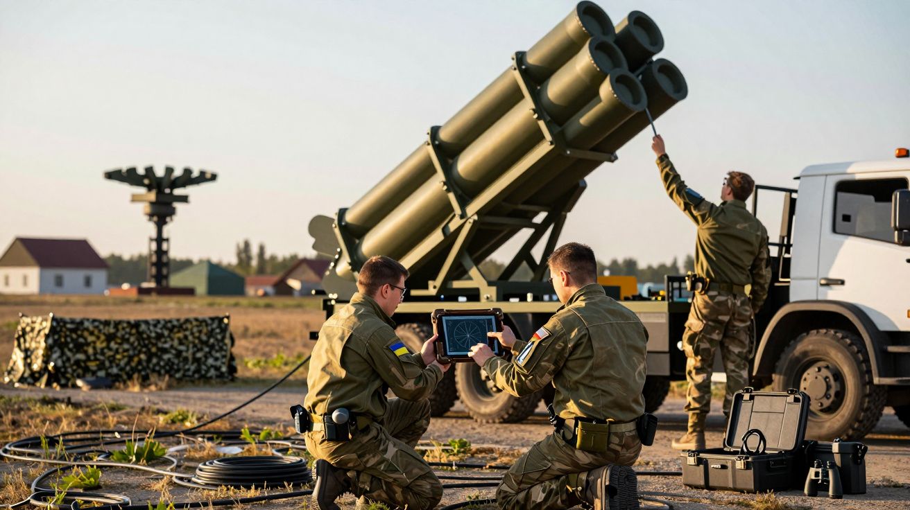 Trei soldați în uniformă operând un lansator de rachete lângă un camion pe un câmp, utilizând un dispozitiv electronic.