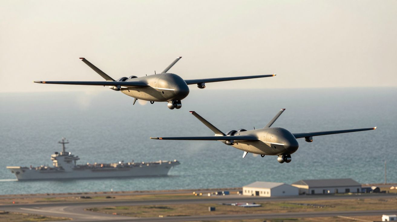 Două drone zboară deasupra oceanului, cu un portavion și clădiri vizibile în fundal.