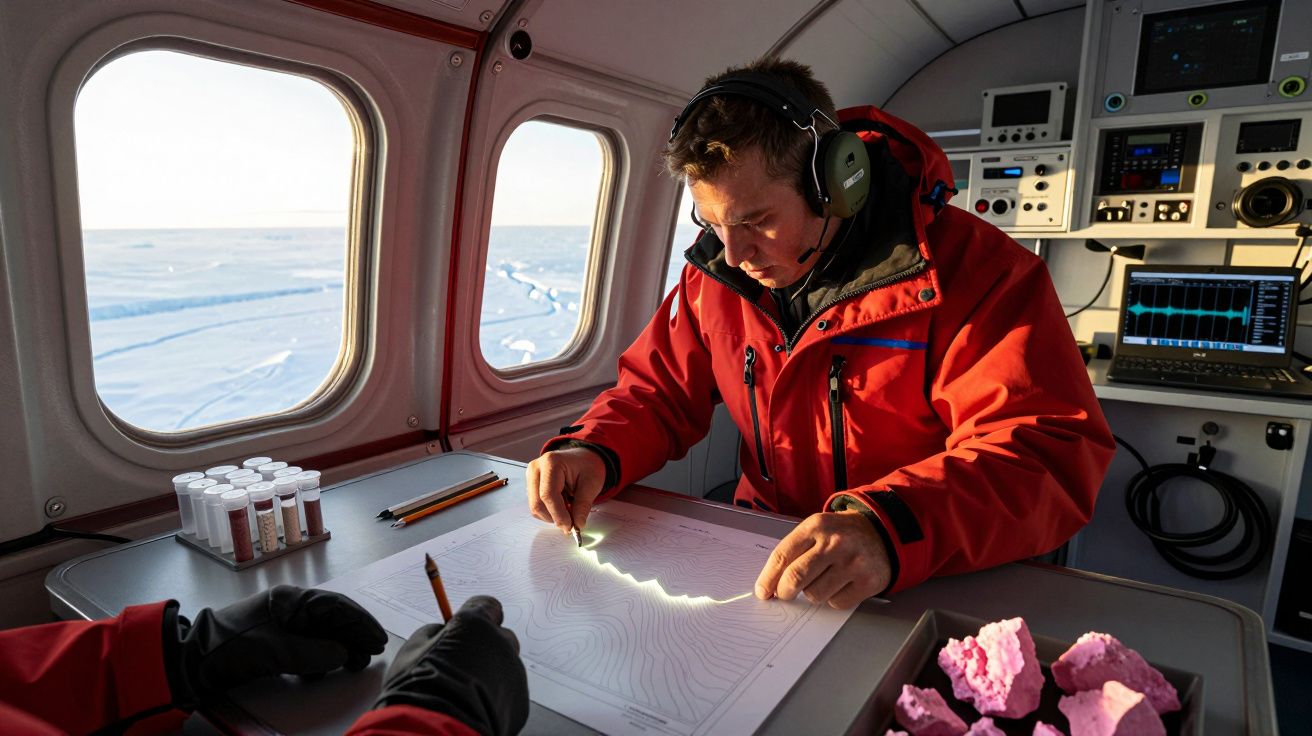 Bărbat în haină roșie analizează o hartă într-un avion, cu mostre de rocă și echipamente științifice lângă el.
